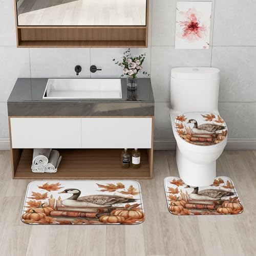 DESIHOM 4PCS Fall Goose Shower Curtain Set with Non-Slip Rug and Toilet Lid Cover Mat