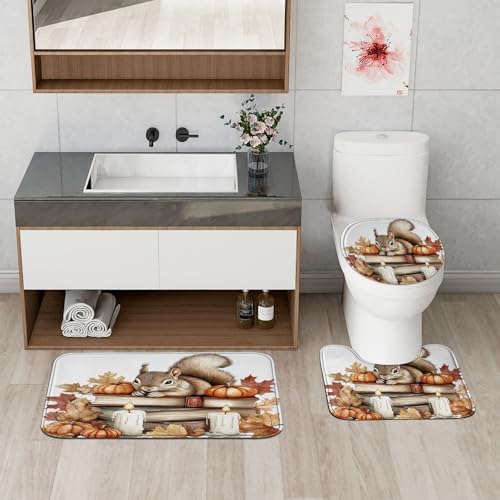 DESIHOM 4PCS Fall Squirrel Shower Curtain Set with Non-Slip Rug and Toilet Lid Cover Mat