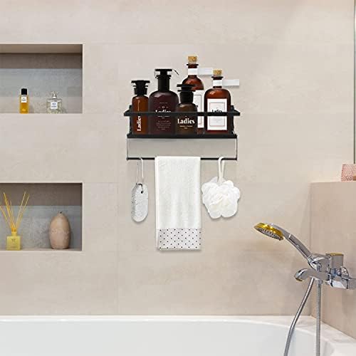 Evron Black Metal Shower Caddy with Hooks and Towel Bar