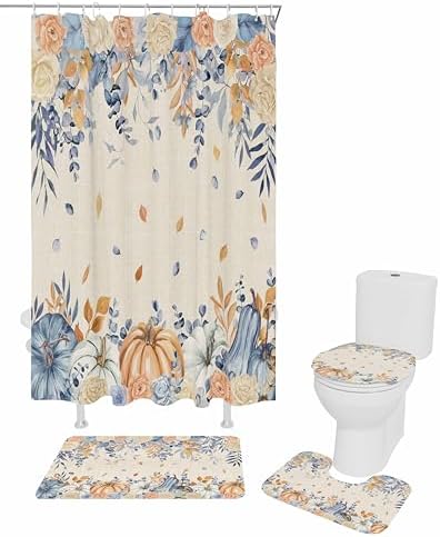 Orange Blue Fall 4 Pcs Shower Curtain Set with Non-Slip Rugs and Mats