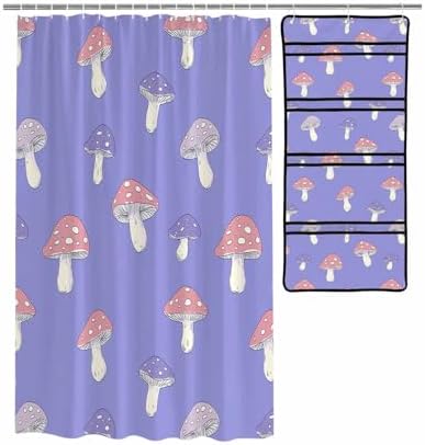 Pink Purple Dot Mushroom Waterproof Shower Curtain with Hooks and Organizer