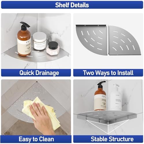 2 Pack Corner Shower Shelves Brushed Nickel Stainless Steel 8 in Drilling Installation