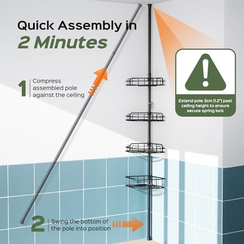 HAMITOR 4-Tier Shower Caddy Tension Pole - Rustproof Black Bathroom Shelf Organizer