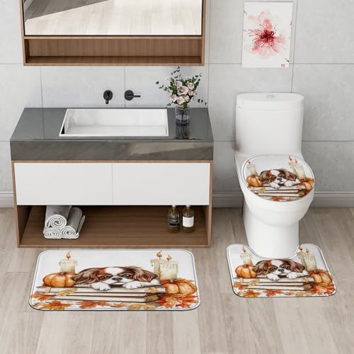 DESIHOM 4PCS Fall Japanese Chin Dog Shower Curtain Set with Non-Slip Rug and Toilet Lid Cover Mat