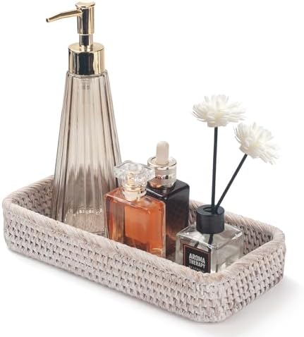 DECRAFTS Rattan Vanity Tray Toilet Tank Basket Storage Organizer