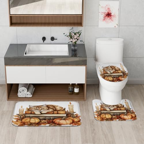 DESIHOM 4PCS Fall Cats Kitten Shower Curtain Set 72x72 with Hooks and Accessories