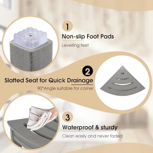 HDPE Corner Shower Stool with Storage Shelf Grey