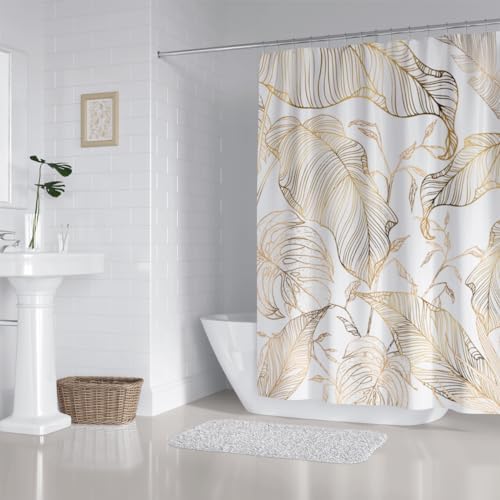White Gold Tropical Palm Shower Curtain Set with Hooks