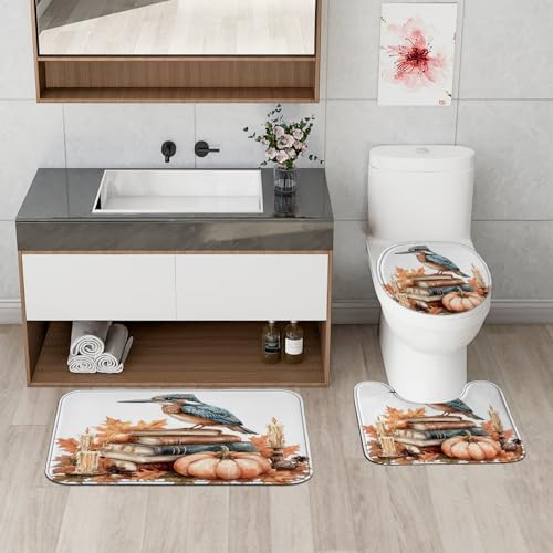 DESIHOM 4PCS Fall Kingfishers Bird Shower Curtain Set with Non-Slip Rug and 12 Hooks