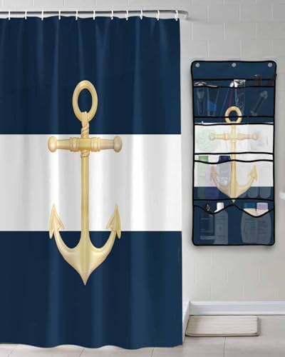 Gold Sea Anchor Blue and White Waterproof Shower Curtain with Mesh Organizer and 15 Hooks
