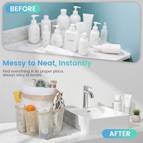 Mesh Shower Caddy with 9 Pockets for Dorm Room and Travel Essentials - Beige