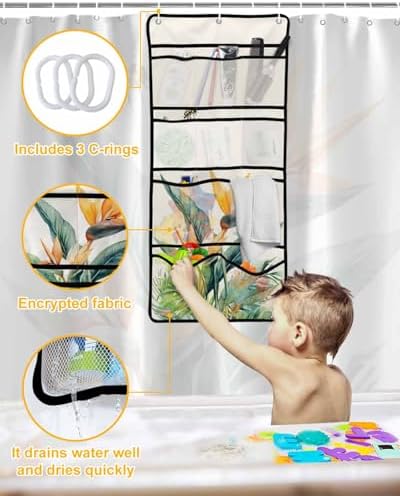 Shower Curtain with Mesh Organizer and Hooks 1