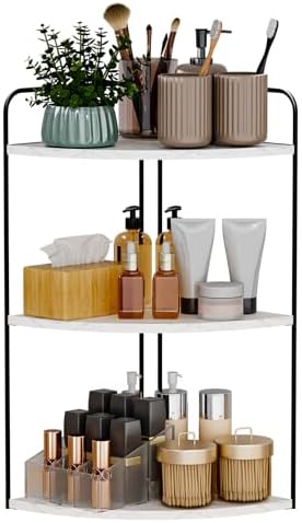 Bathroom Counter Organizer with Corner Shelves Black White Marble