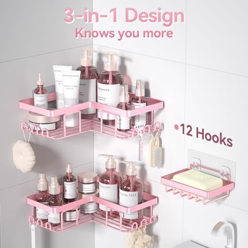 Yasonic Corner Adhesive Shower Caddy 12 Hooks Pink 3-Pack