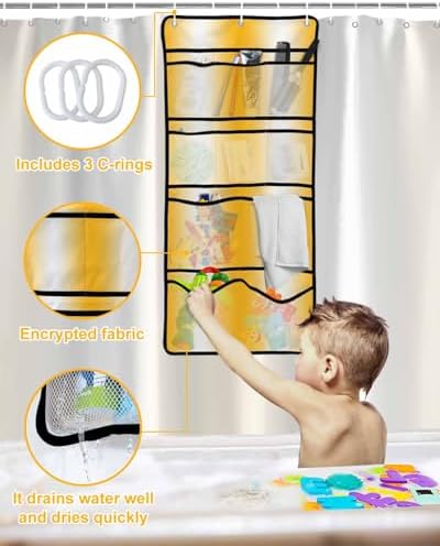 Modern Yellow White Ombre Shower Curtain with 10 Pockets Organizer
