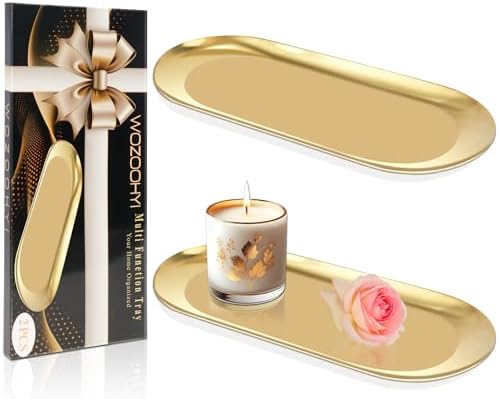 Wozoohyi Gold Decorative Tray 2 Pack Stainless Steel Vanity Tray for Bathroom Jewelry Storage