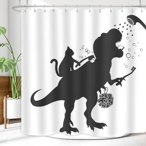Funny Cat Dinosaur Shower Curtain Set with Hooks
