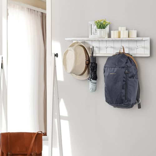 MyGift Wall Mounted 5 Hook Vintage White Wood Bathroom Shelf Towel Rack