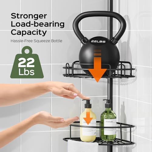 HAMITOR 4-Tier Shower Caddy Tension Pole - Rustproof Black Bathroom Shelf Organizer