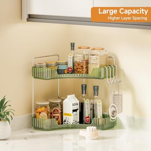2 Tier Corner Bathroom Organizer with Hooks and Trays Green