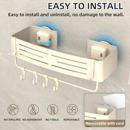 Onemake Aluminum Shower Caddy with 6 Hooks and Towel Bar