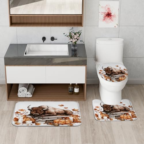 4PCS Fall Bisons Pumpkins Shower Curtain Set with Non-Slip Rug and Toilet Lid Cover Mat