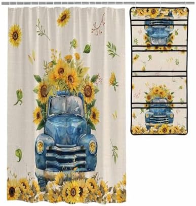 ZFUNCING Shower Curtain Set with Mesh Organizer and 10 Pockets