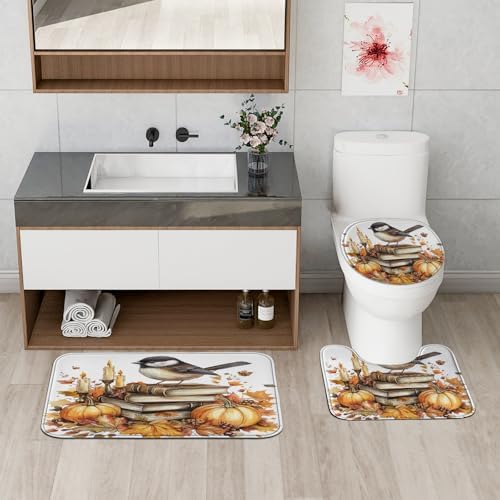 DESIHOM 4PCS Fall Chickadees Bird Shower Curtain Set