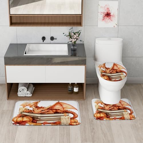 4PCS Fall Dragons Pumpkins Shower Curtain Set with Non Slip Rug and Toilet Lid Cover Mat