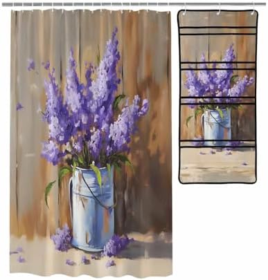 ZFUNCING Purple Lavender Waterproof Shower Curtain Set with Organizer