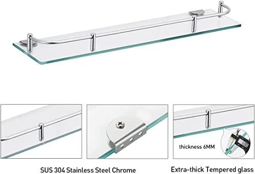 Glass Bathroom Shelves Tempered 6mm Floating Wall Shelves with 304 Stainless Steel Rail and Zinc Alloy Bracket 2 Pack