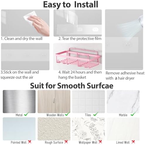 10 Pack Shower Caddy Organizer with Rustproof Stainless Steel Shampoo Holder and Wall Storage Basket Pink