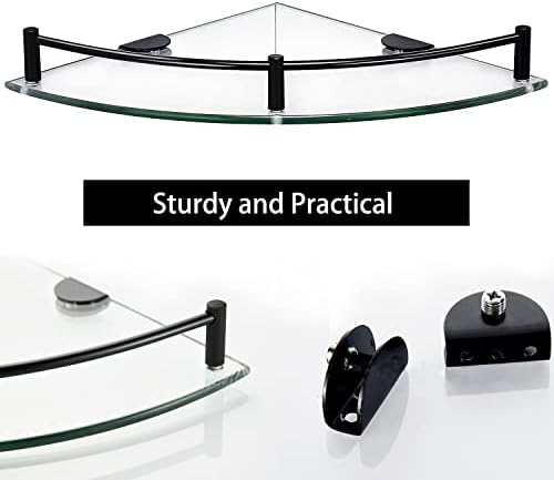 Bathroom Corner Shower Caddy with Tempered Glass and Stainless Steel Rail - Black