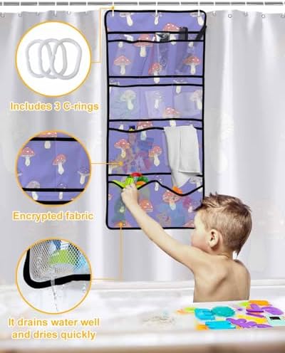 Pink Purple Dot Mushroom Waterproof Shower Curtain with Hooks and Organizer