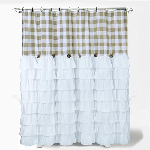 72 x 72in Farmhouse Ruffled Shower Curtain with Vintage Buttons