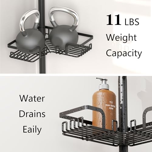 ZUNTO Shower Caddy Corner Tension Pole Organizer Adjustable 25in-114in 4 Tier Storage with 2 Soap Holders Black
