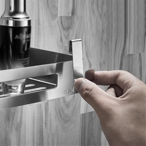 Stainless Steel Shower Caddy with 2 Movable Hooks and Adhesive Mounting