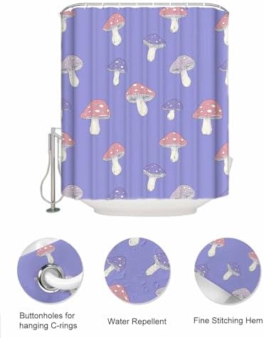 Pink Purple Dot Mushroom Waterproof Shower Curtain with Hooks and Organizer