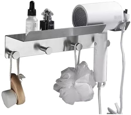 Brushed Stainless Steel Bathroom Rack with 4 Hooks and Hair Dryer Holder