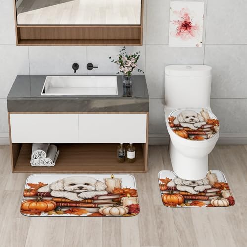 DESIHOM 4PCS Fall Bichon Frise Dog Shower Curtain Set with Non-Slip Rug and Toilet Lid Cover Mat