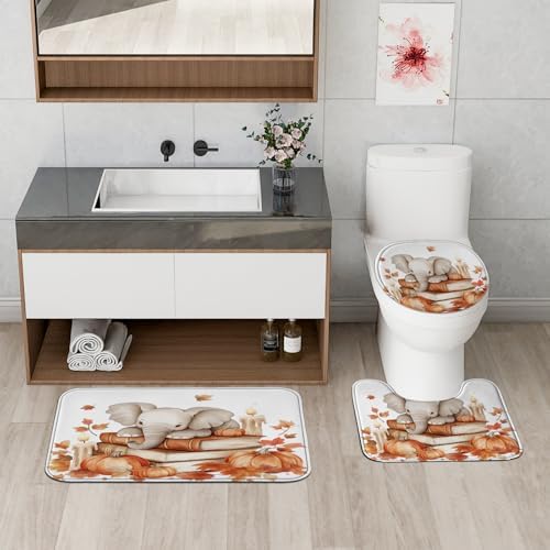 4PCS Fall Elephants Pumpkins Shower Curtain Set with Hooks and Non-Slip Rug