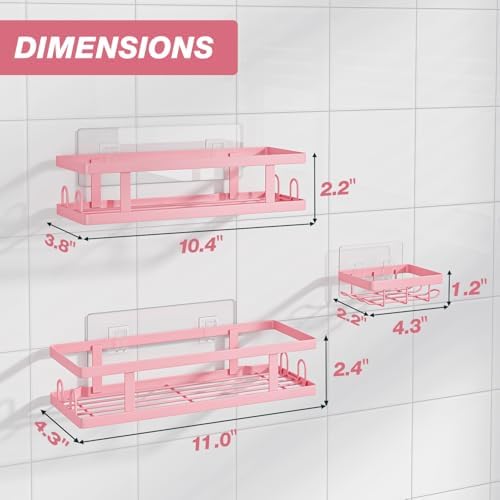 3-Pack Adhesive Shower Caddy with 12 Hooks and Soap Holder Pink