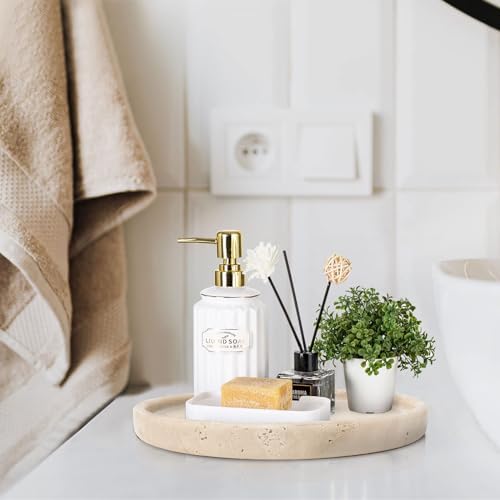 Travertine Tray Round Marble Vanity Tray for Bathroom Decor Small Ceramic Jewelry Holder