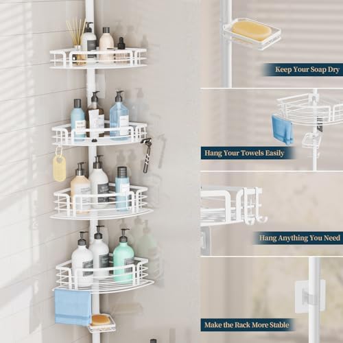 Consumest Corner Shower Caddy Tension Pole - Rustproof With Towel Bar And Soap Holder Adjustable White