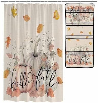 Retro Thanksgiving Pumpkin Shower Curtain with Mesh Organizer and Hooks
