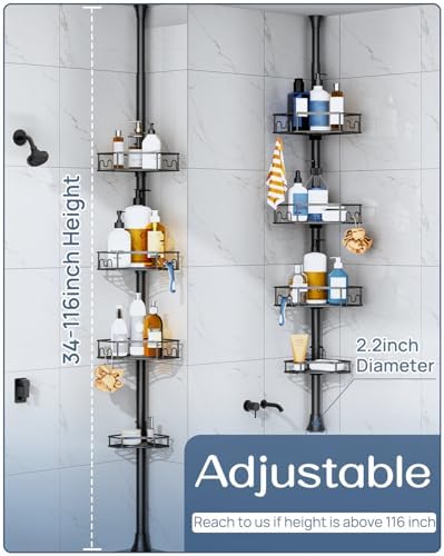 SEIRIONE Corner Shower Caddy Tension Pole 4-Tier Rust-Free Organizer Black