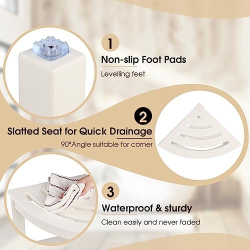HDPE Corner Shower Stool with Storage Shelf White