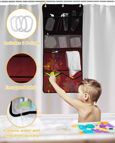 Black Red Gradient Shower Curtain with 10 Pockets Organizer Set