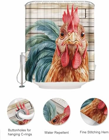 Farmhouse Rooster Shower Curtain Set with 10 Pockets