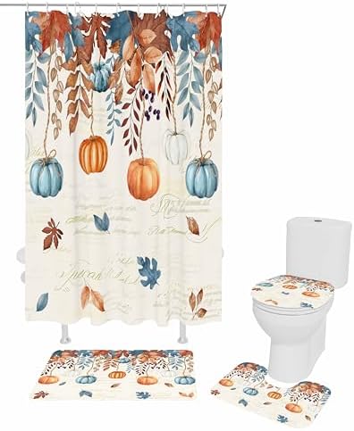Orange Blue Pumpkin 4 Pc Shower Curtain Set with Non-Slip Rugs